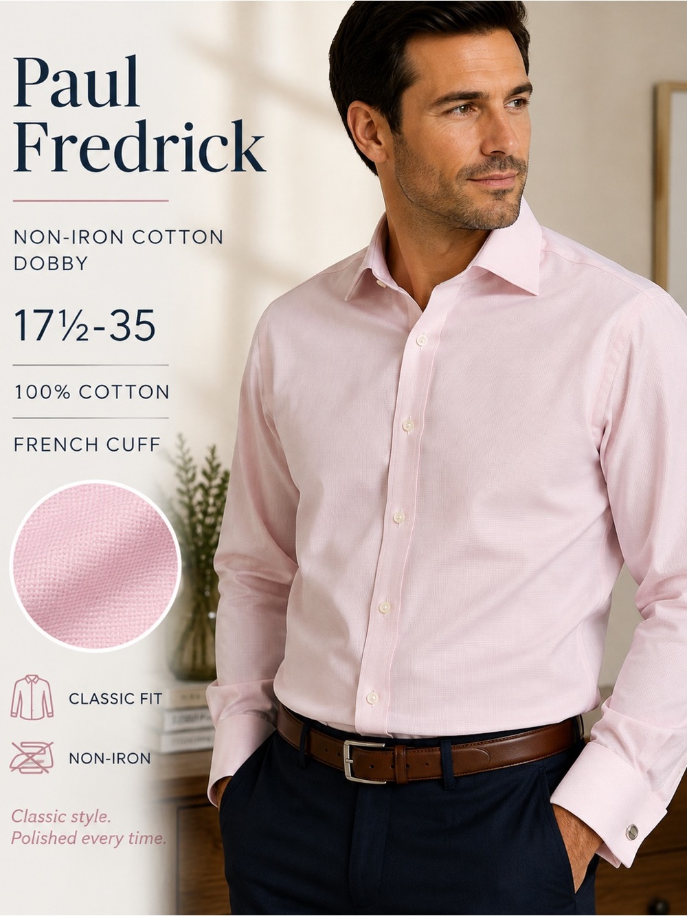 Paul Fredrick Men’s Pink Non-Iron Cotton Dobby Dress Shirt 17.5 35 French Cuff